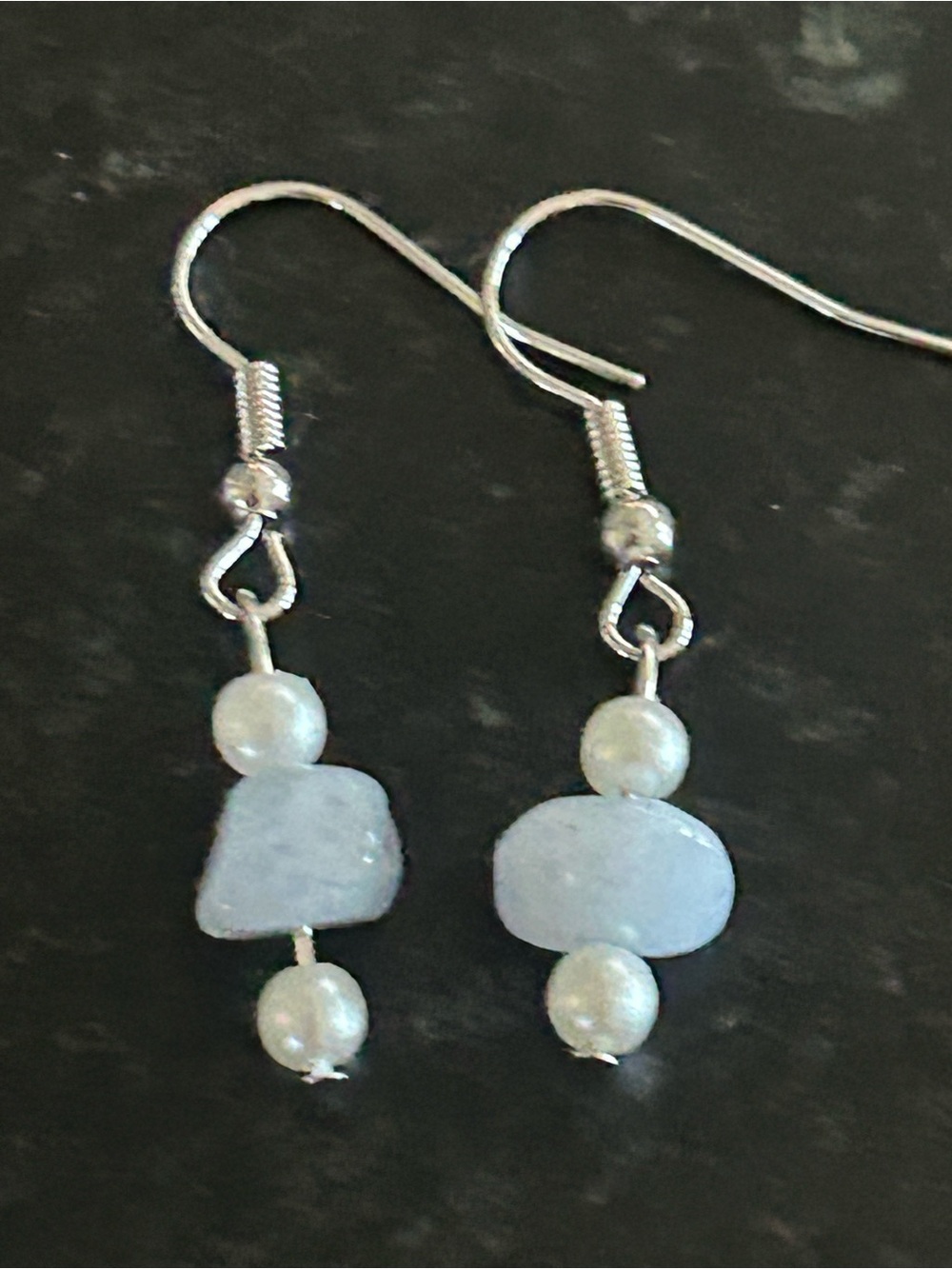 Handmade Light Blue Stone and Pearl Drop Earrings